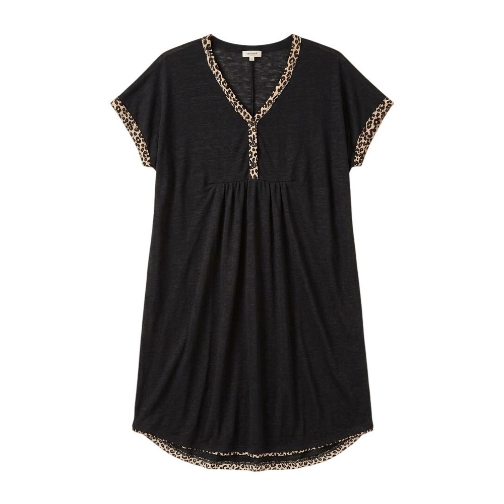 Black‎ Leopard Trim Tunic Dress LARGE Short Sleeve Loose Summer Lightweight